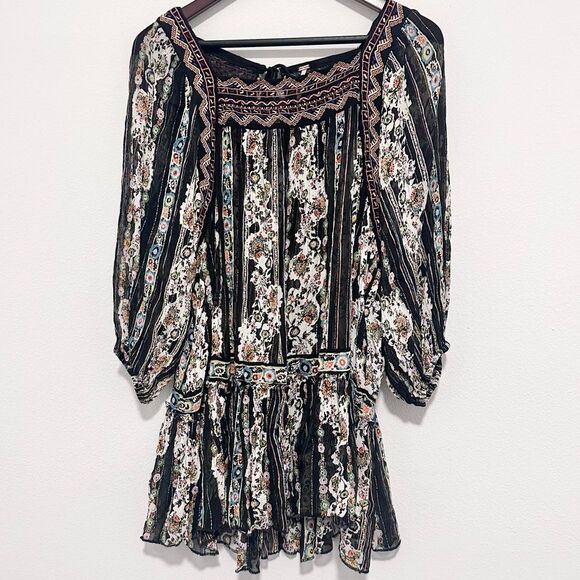 Free People Dance Magic Mini Dress Metallic Stripe Embroidery Black Sheer Small - Picture 4 of 11